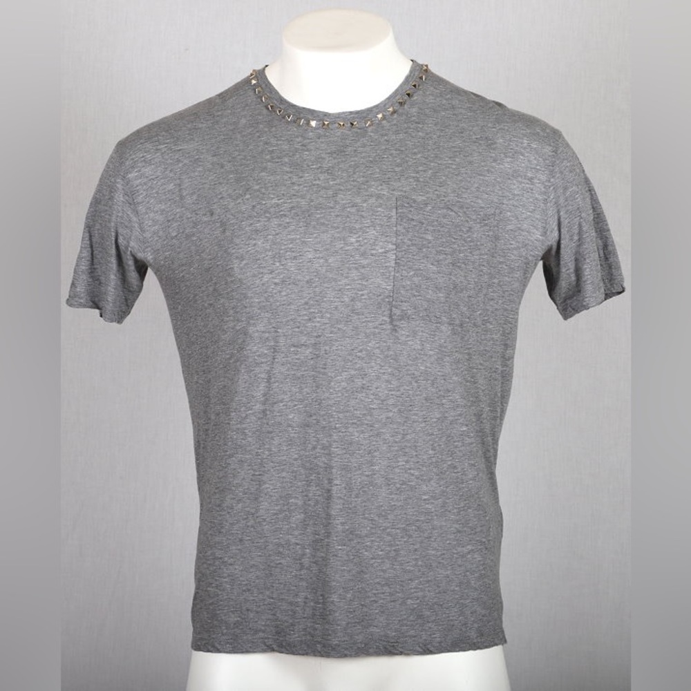 Valentino Gray Short-Sleeve Crewneck Tee with Rock Studded Neckline Large